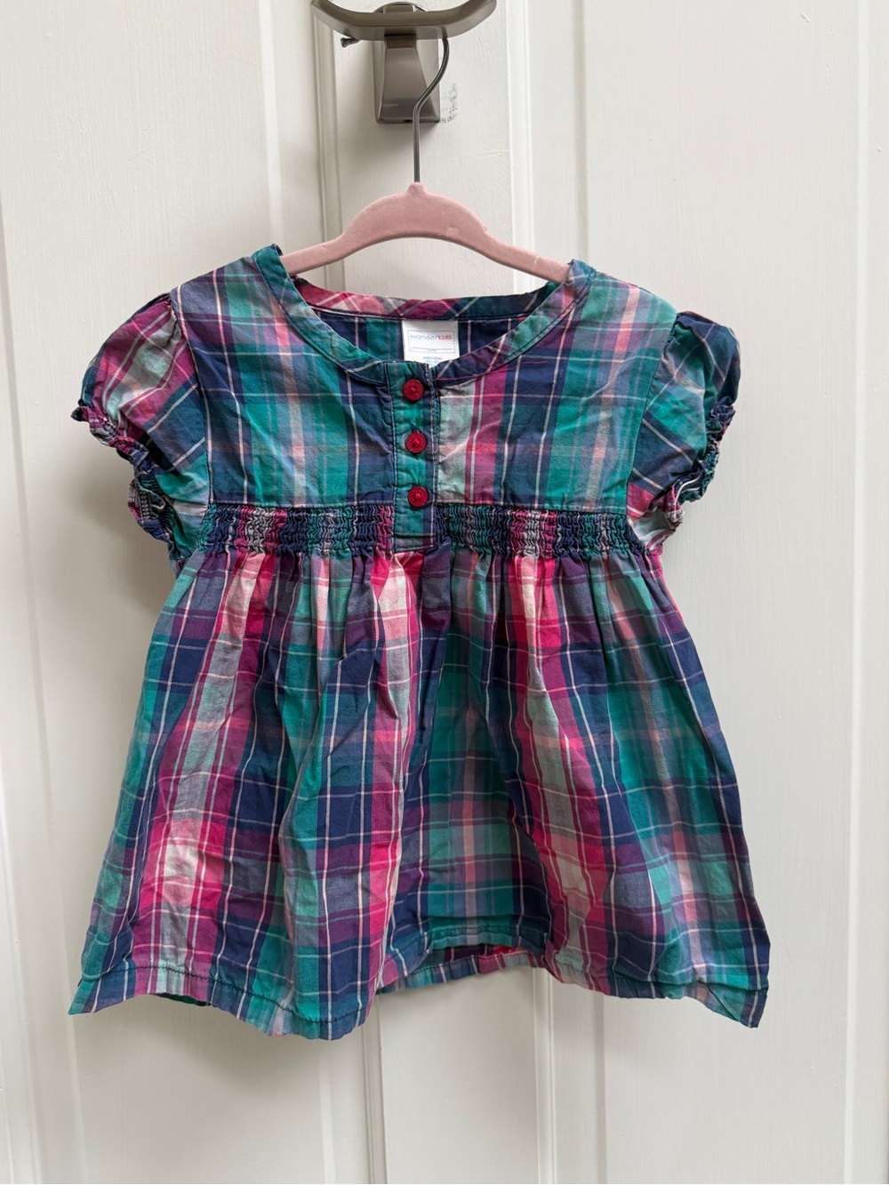 NWOT Wonderkids 4T Girls Multicolor Plaid Ruffle Short Sleeve Blouse Top Shirt